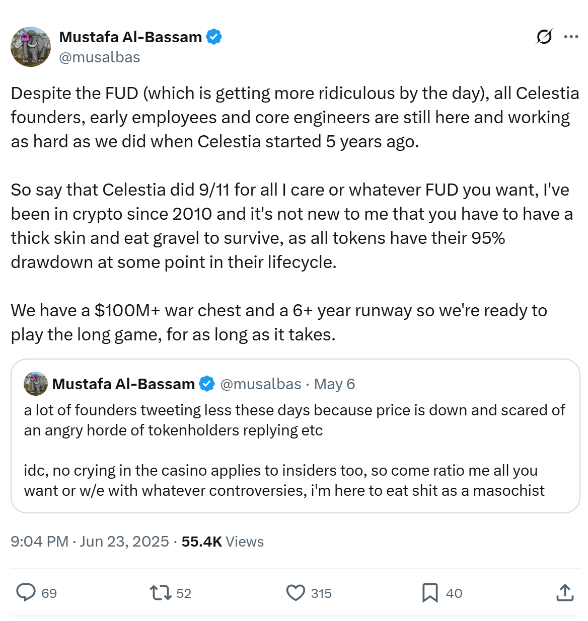 Celestia founder dismisses FUD, cites 0M war chest amid backlash