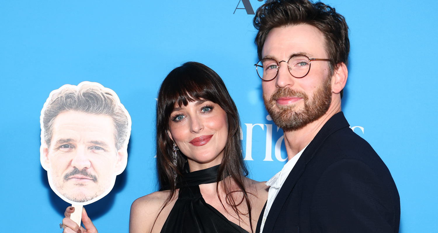 Chris Evans & Dakota Johnson Kiss Pedro Pascal Cutout at 'Materialists' Premiere In NYC