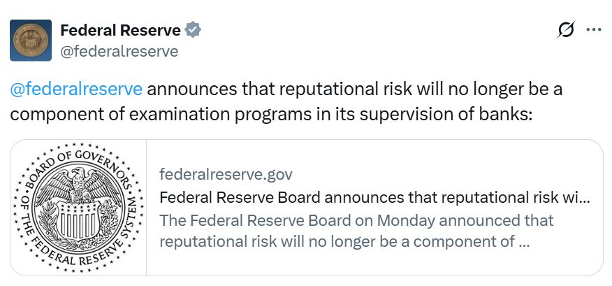 Fed cuts ‘reputational risk’ scrutiny used to ‘assassinate’ crypto firms