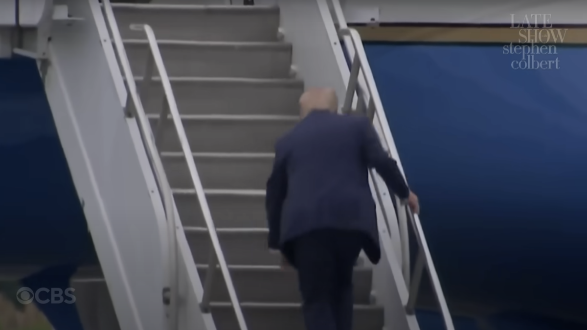 Stephen Colbert mocks Trump viral stair trip with parody GOP ad