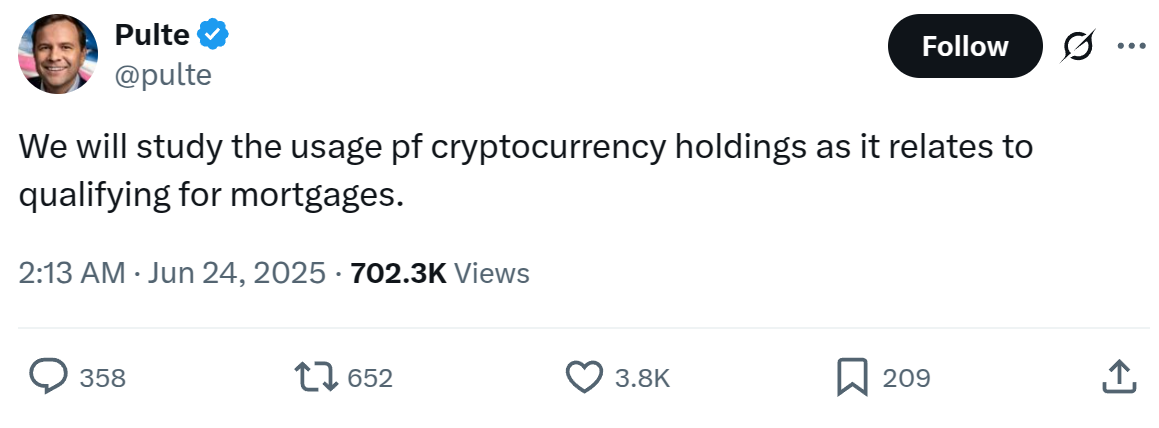 US housing agency may allow crypto assets in mortgage qualification