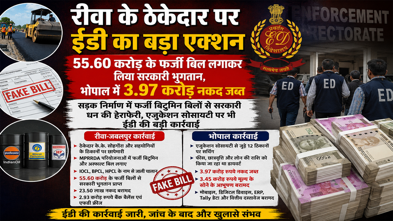 रीवा के ठेकेदार पर ईडी का बड़ा एक्शन: 55.60 करोड़ के फर्जी बिल लगाकर लिया सरकारी भुगतान, भोपाल में 3.97 करोड़ नकद जब्त – Vindhya Bhaskar